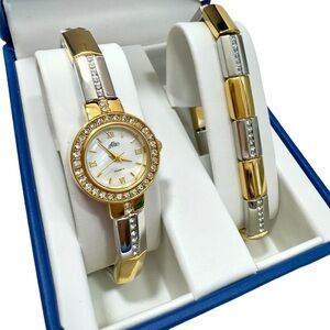 Women’s Two Tone Crystal Embellished Metal Bracelet Watch Set Pearl Dial